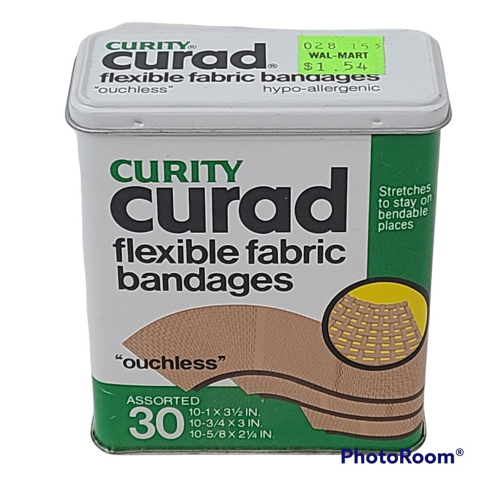 Curity Curad flexible fabric bandages metal tin, EUC